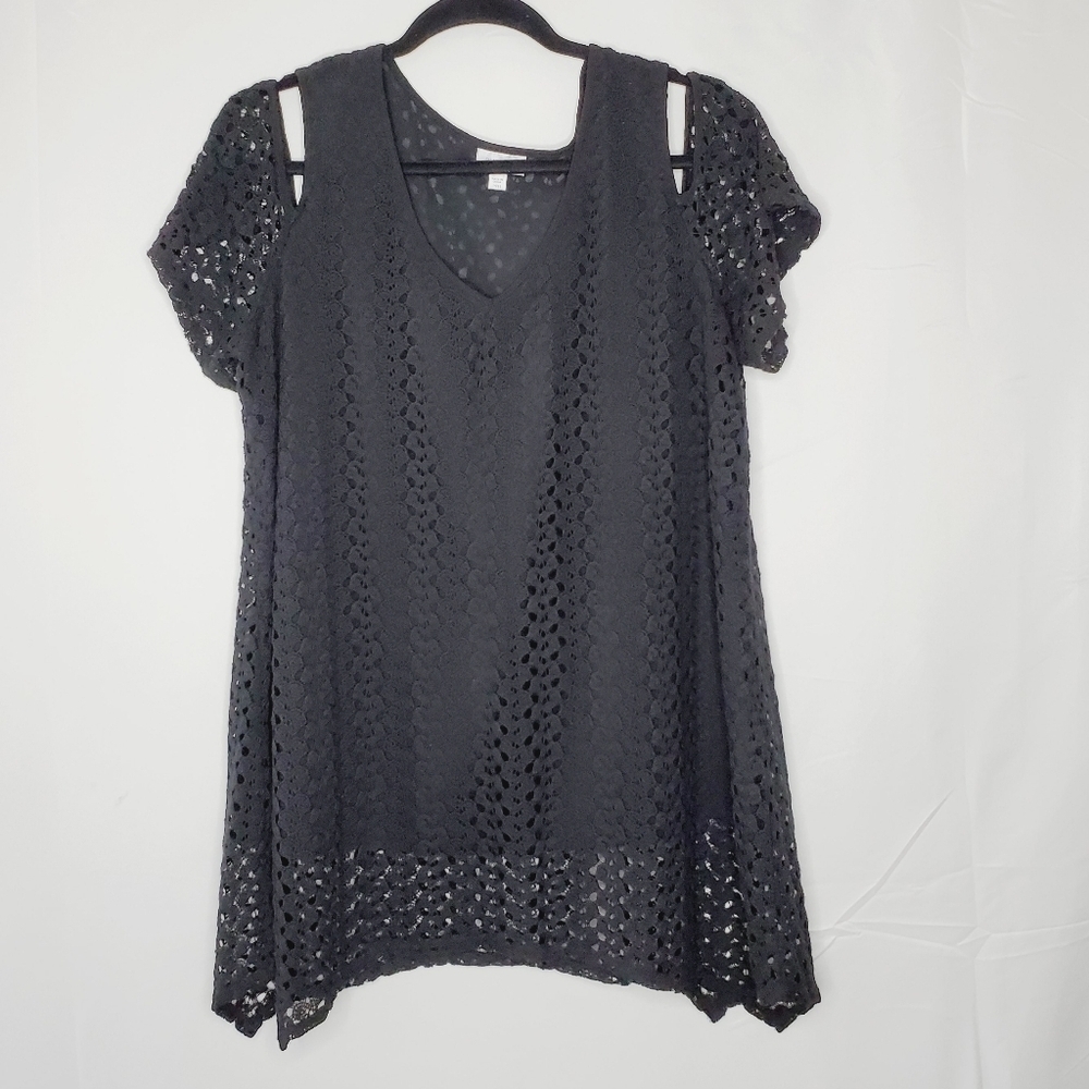 Crochet Overlay V-Neck Stretch Knit Top Sz 14/16 Black Asymmetric Hem Goth Tunic
